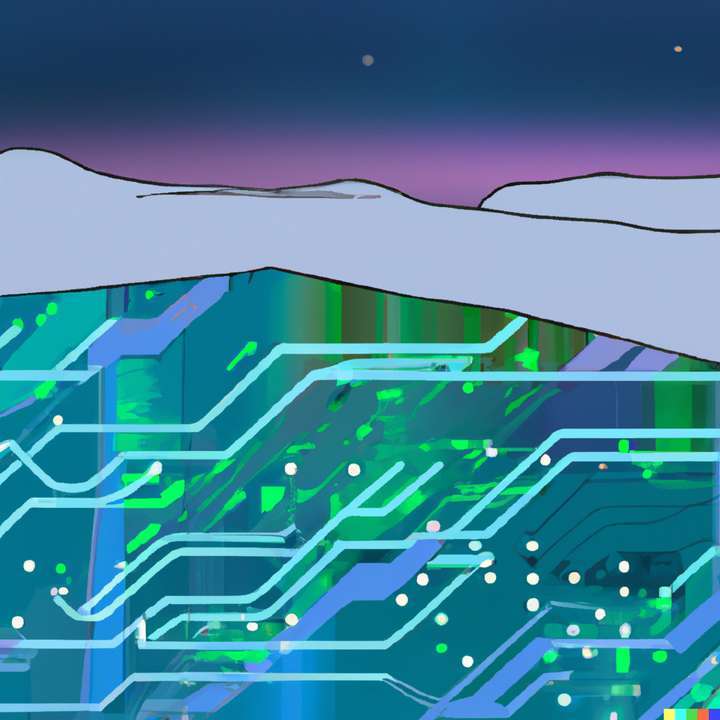 Digital art illustration of a hyper modern arctic landscape with northern lights melded with a neon circuit board during the day.