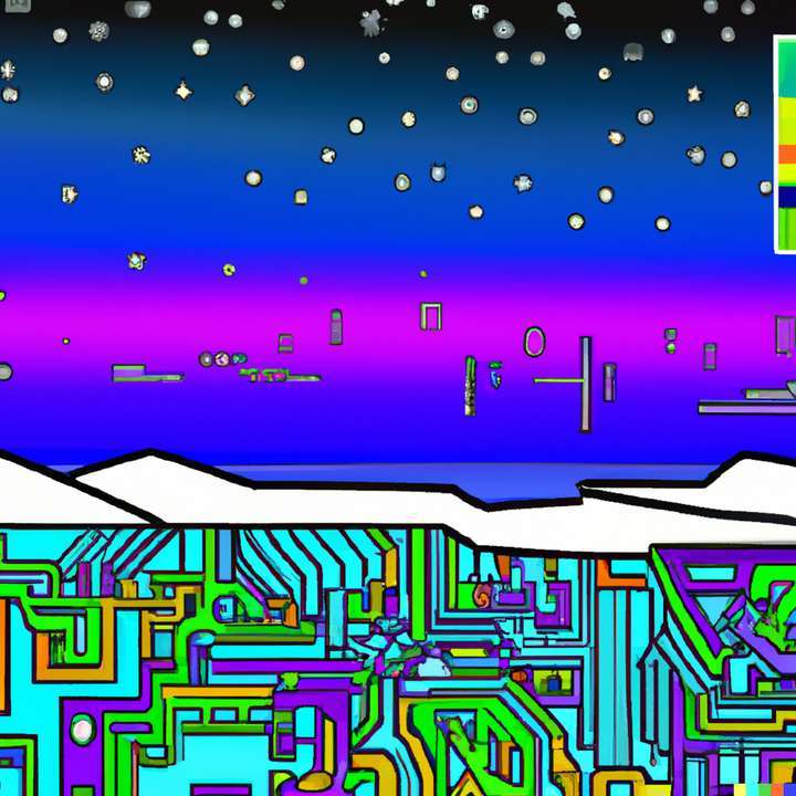 Digital art illustration of a hyper modern arctic landscape with northern lights melded with a neon circuit board during the day.