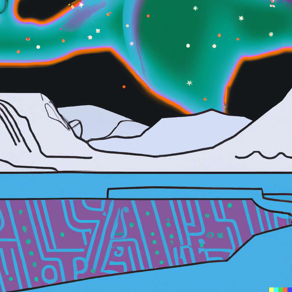 Digital illustration of a hyper modern arctic landscape with northern lights melded with a neon circuit board during the day.