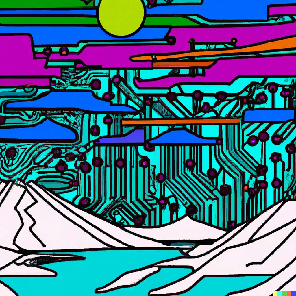 Digital illustration of a hyper modern arctic landscape with northern lights melded with a neon circuit board during the day.
