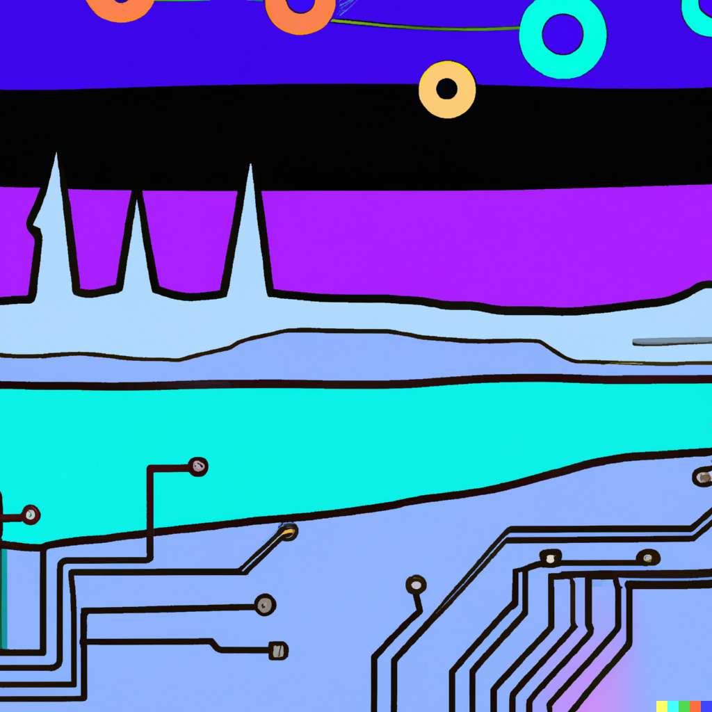 Digital illustration of a hyper modern arctic landscape with northern lights melded with a neon circuit board during the day.