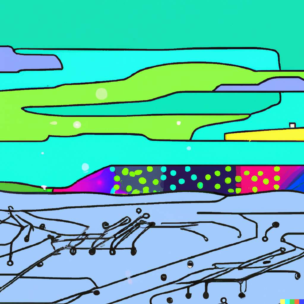 Digital illustration of a hyper modern arctic landscape with northern lights melded with a neon circuit board during the day.