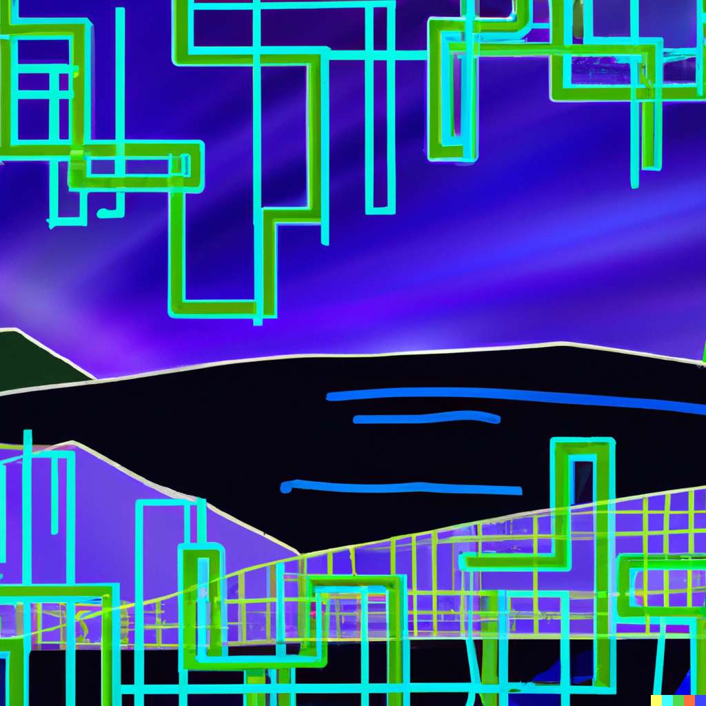 Digital illustration of a hyper modern arctic landscape with northern lights melded with a neon circuit board during the day.