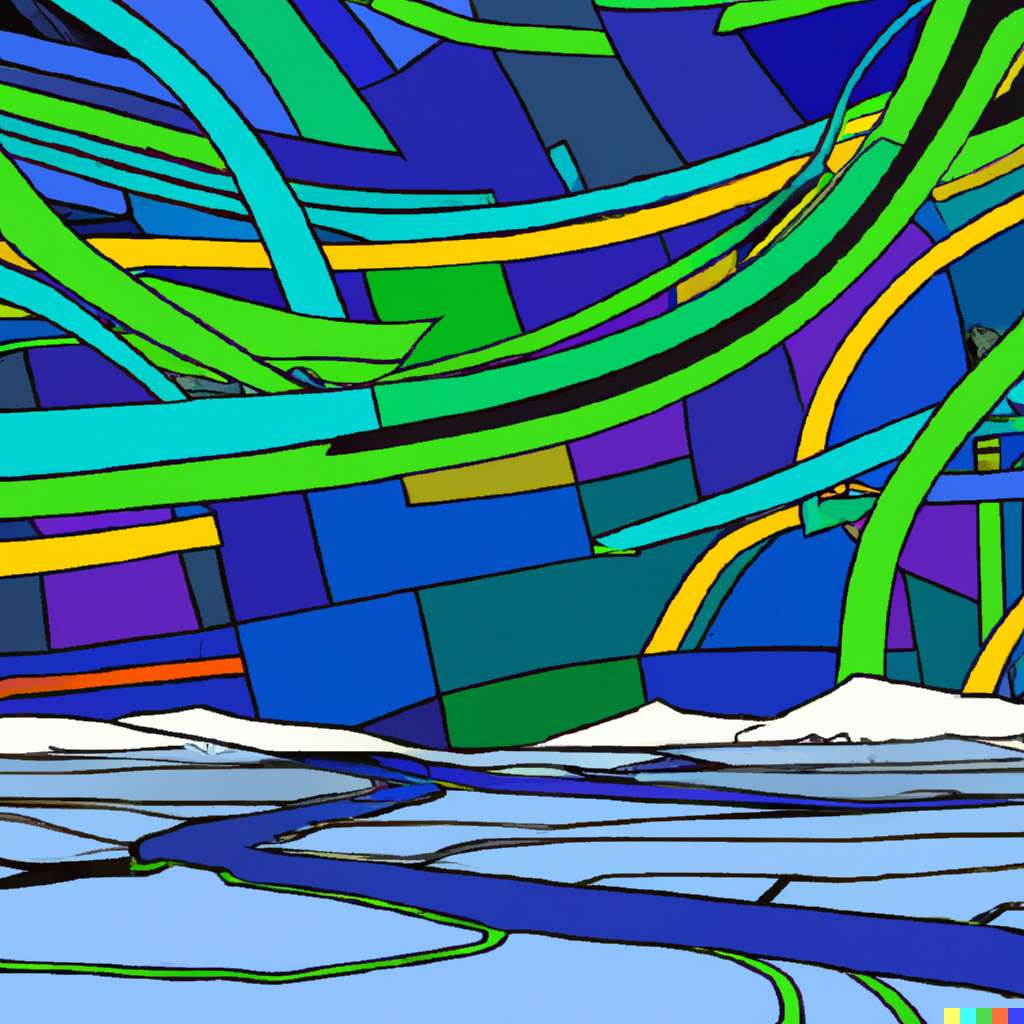 Digital illustration of an arctic landscape with northern lights melded with a neon circuit board.