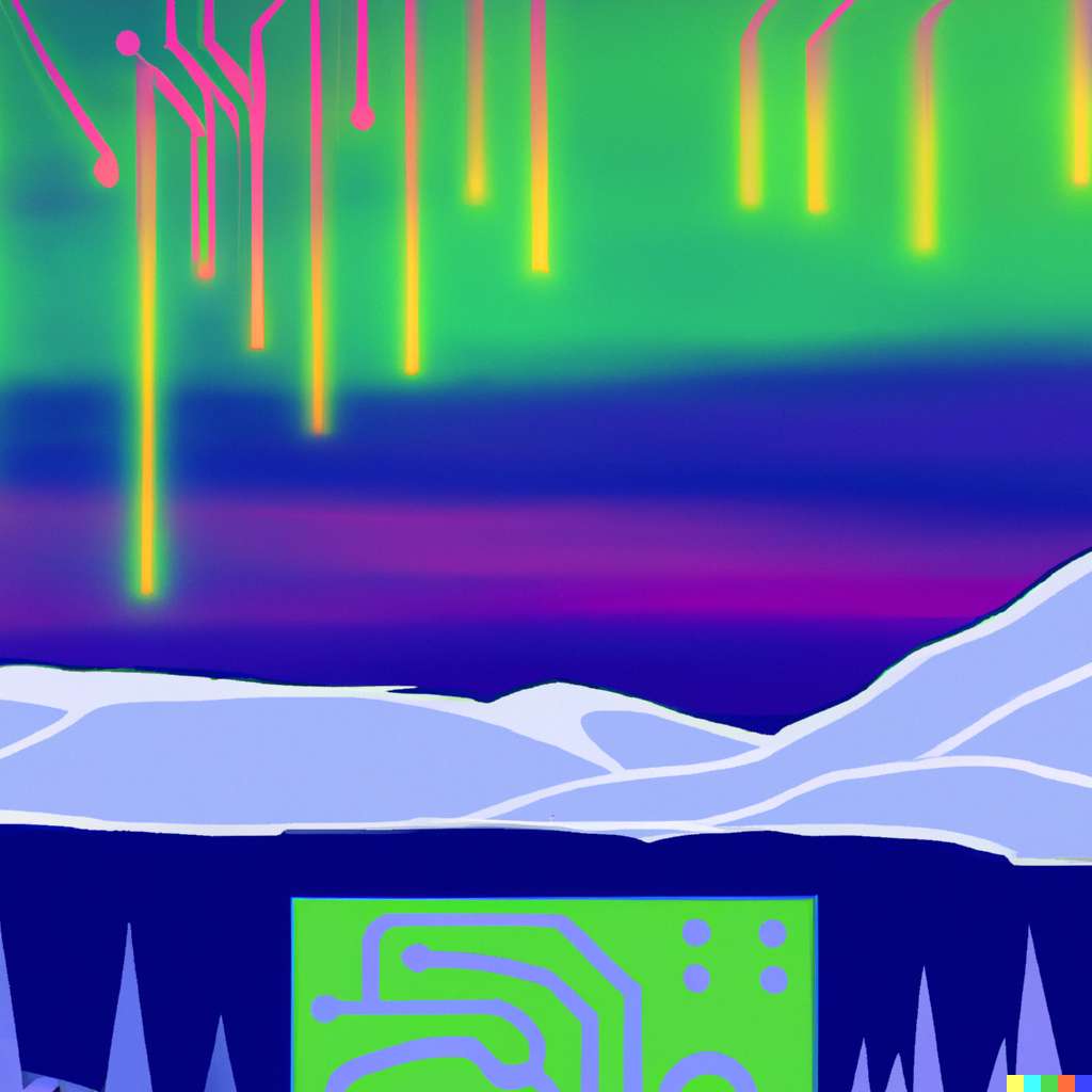 Digital illustration of a hyper modern arctic landscape with northern lights melded with a neon circuit board during the day.