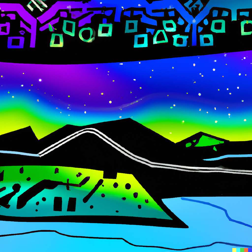 Digital illustration of a hyper modern arctic landscape with northern lights melded with a neon circuit board during the day.