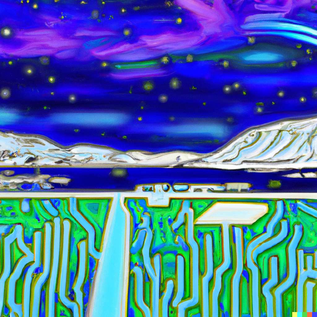 Digital illustration of a hyper modern arctic landscape with northern lights melded with a neon circuit board during the day in the style of a Van Gogh.