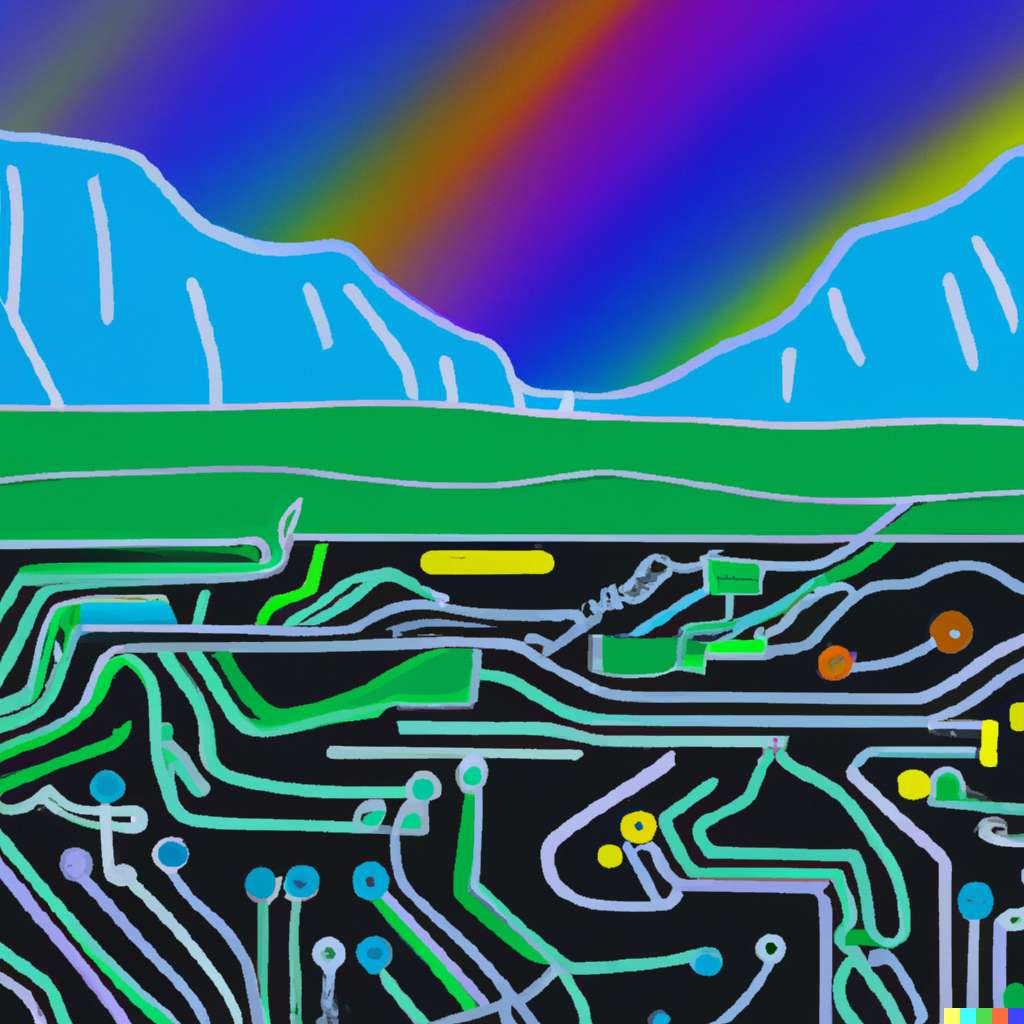 Digital illustration of a hyper modern arctic landscape with northern lights melded with a neon circuit board during the day.