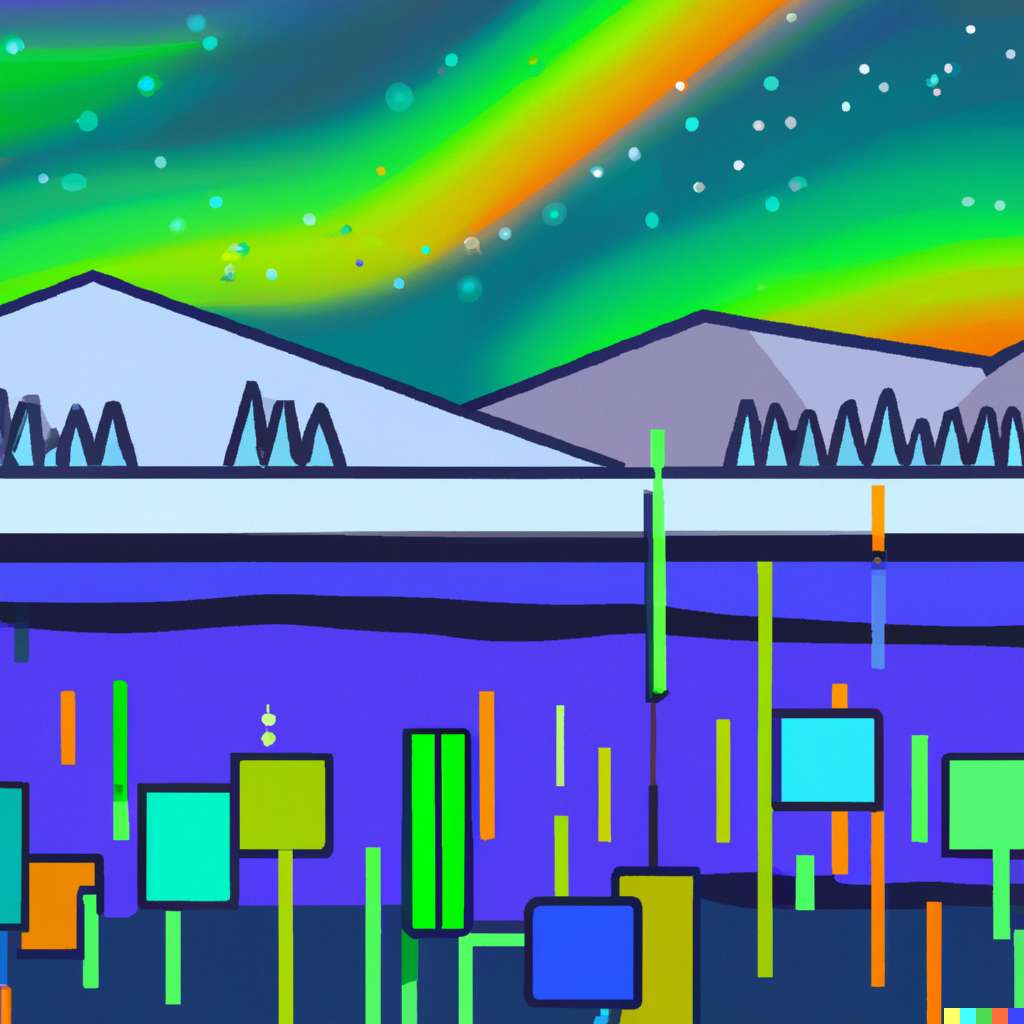 Digital illustration of a hyper modern arctic landscape with northern lights melded with a neon circuit board during the day.