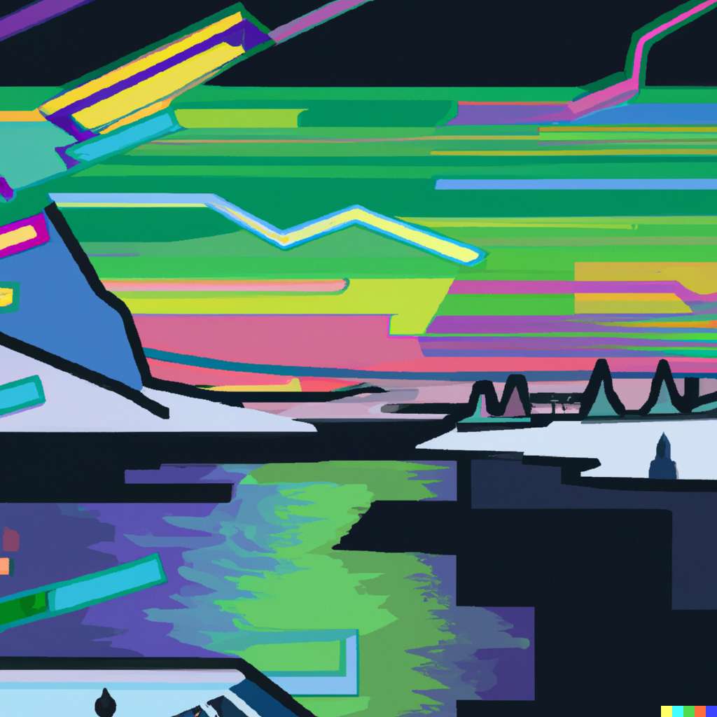 Digital illustration of a hyper modern arctic landscape with northern lights melded with a neon circuit board during the day.