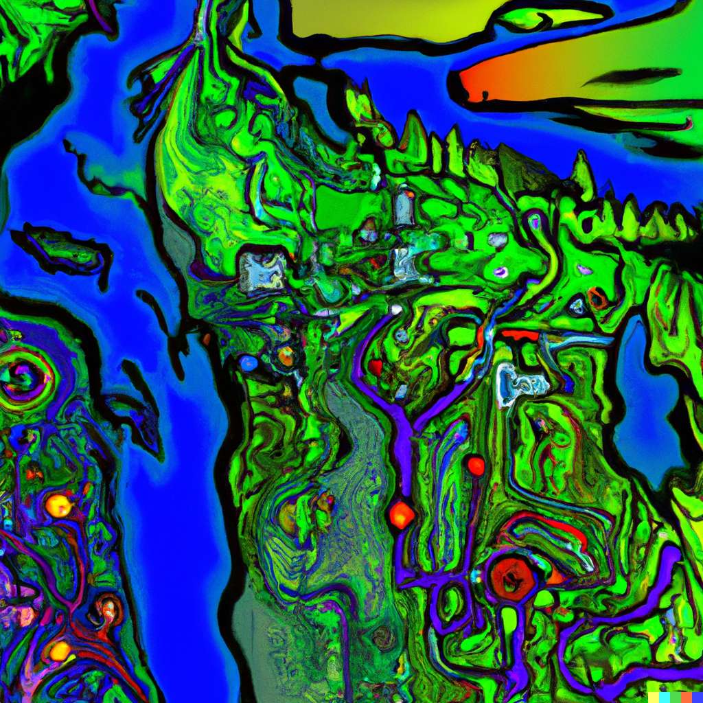 Digital illustration of a hyper modern arctic Mackenzie River Delta in with northern lights melded with a neon circuit board in the style of Picasso.