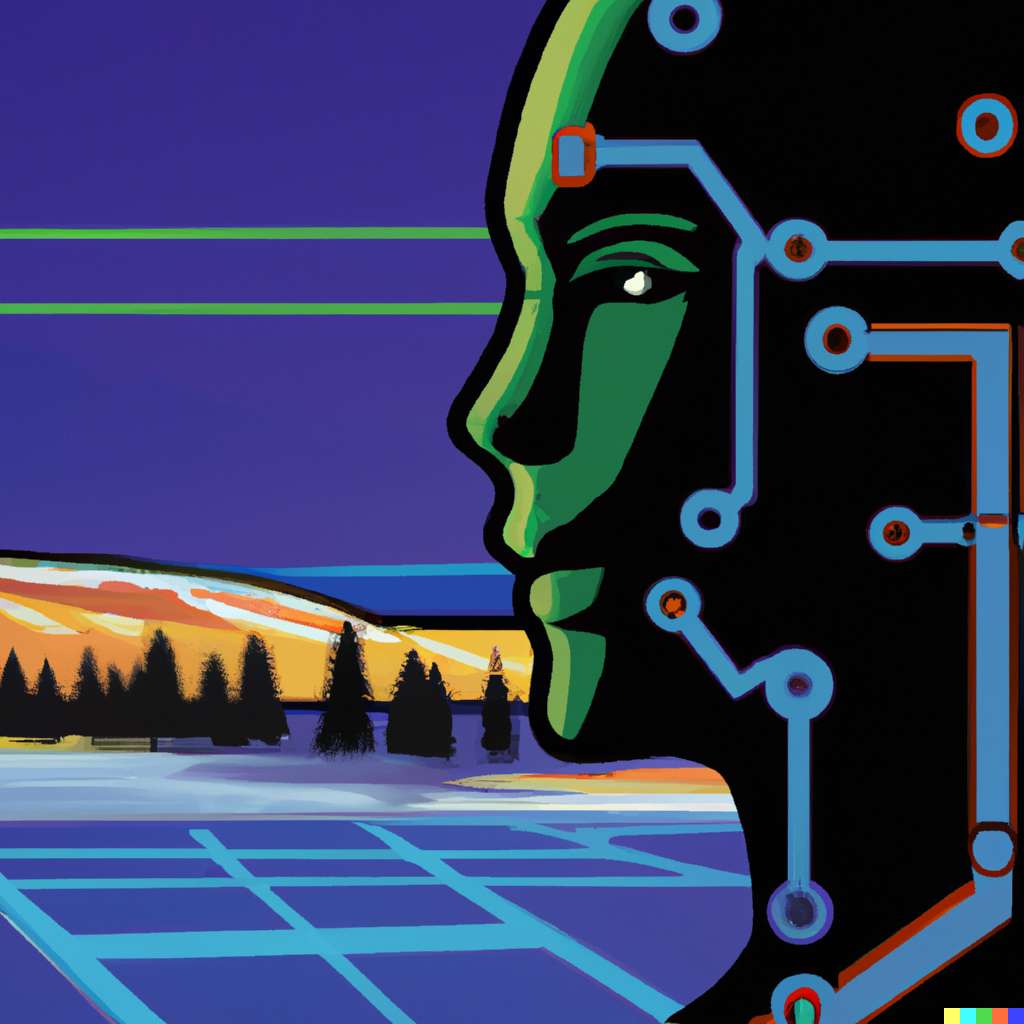 Abstract AI face and circuits symbolizing cybersecurity threats and the concept that when seeing isn’t believing.