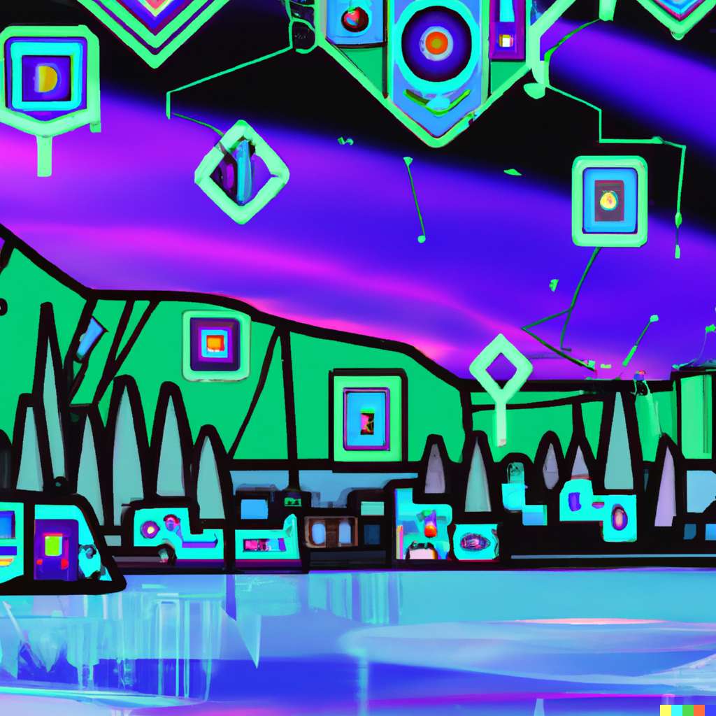 Digital illustration of a hyper modern arctic landscape with northern lights melded with a neon circuit board like stained glass.